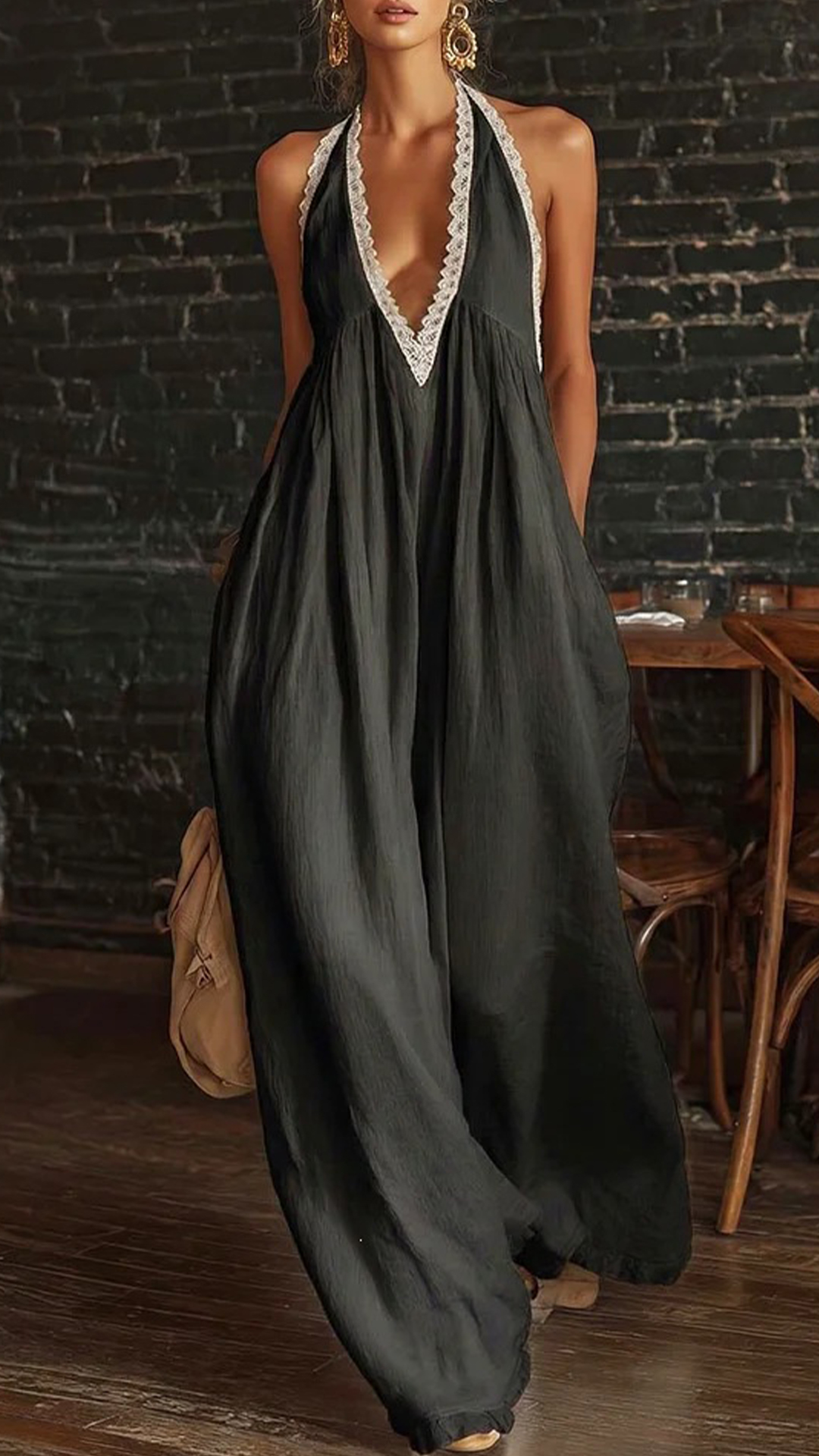Women's Linen-Cotton Lace Halter Wide-Leg Jumpsuit - Nordfashionstorm - Women's Clothing, Fashion for You - Nordfashionstorm.com
