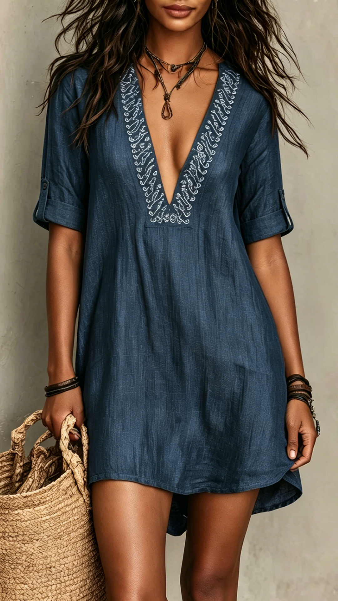 Women's Cotton-Blend Embroidered V-Neck Midi-Sleeve Dress - Nordfashionstorm - Women's Clothing, Fashion for You - Nordfashionstorm.com