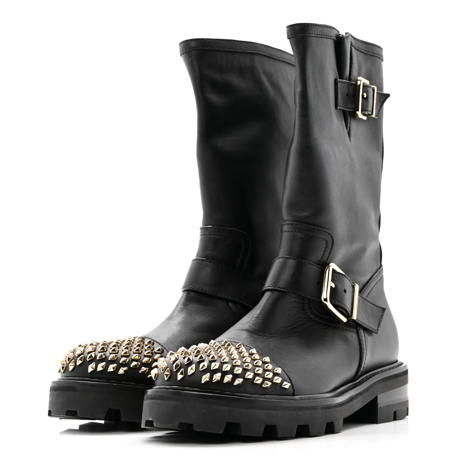 Calfskin Studded Biker II Boots 36.5 Black - Top Club