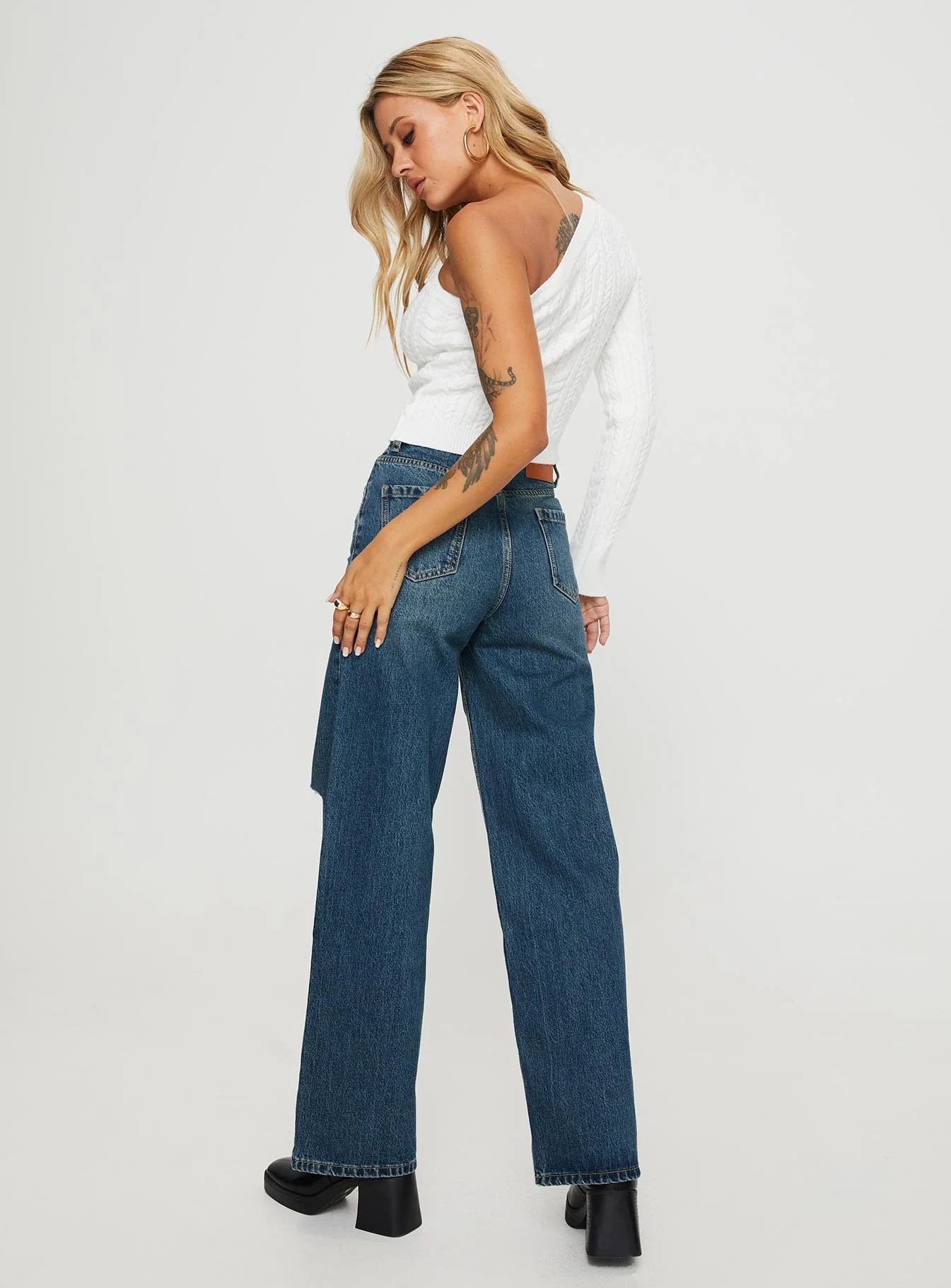 Beetle High Rise Wide Leg Ripped Jeans Mid Wash