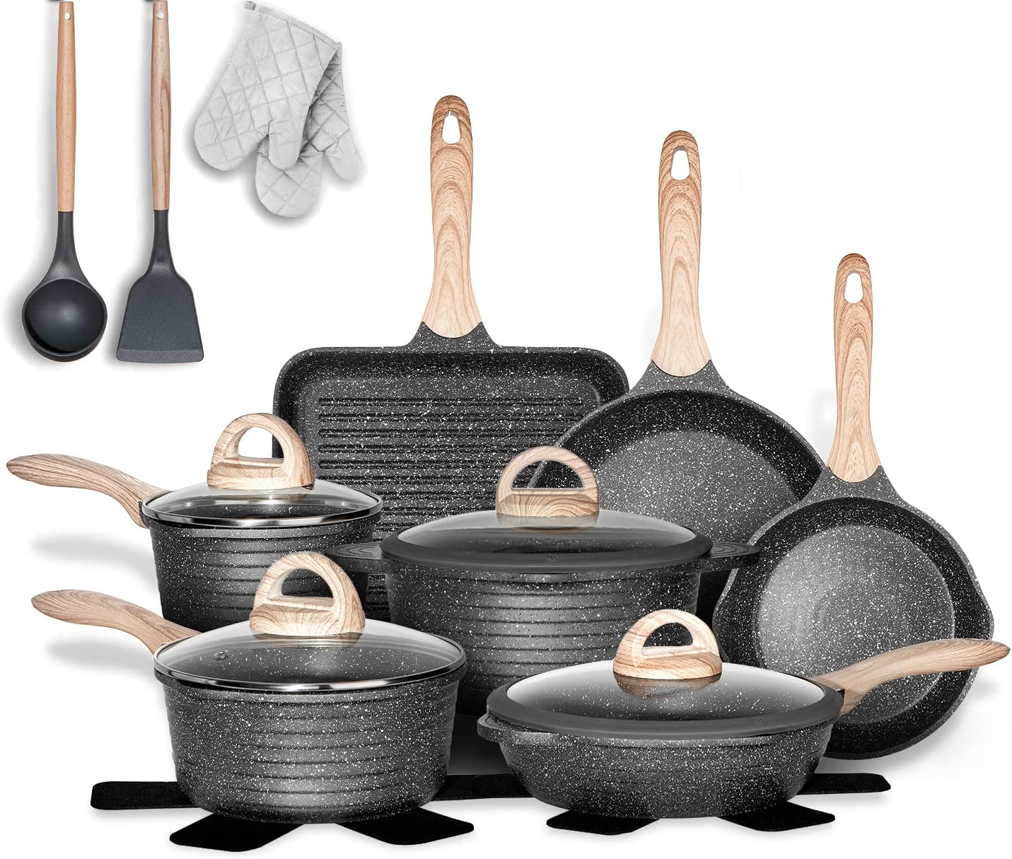 Pots and Pans Set Non-Stick 20 Pieces Granite Coated Induction Cookware Sets Compatible with Frying Pan, Saucepan, Sauté Pan, Grill Pan, Cooking Pots, PFOA Free (Grey, 20 Piece Cookware Set)
