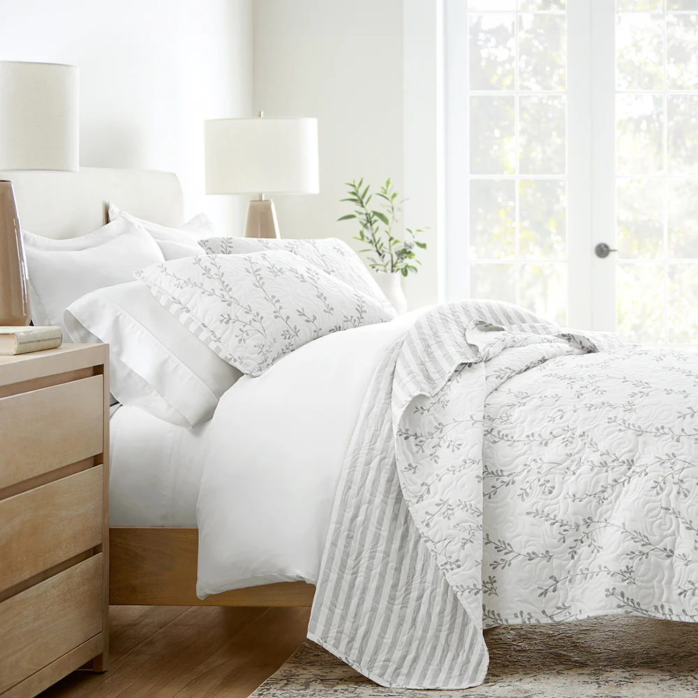Sprouting Vines Stripe Reversible Quilted Coverlet Set - Sale