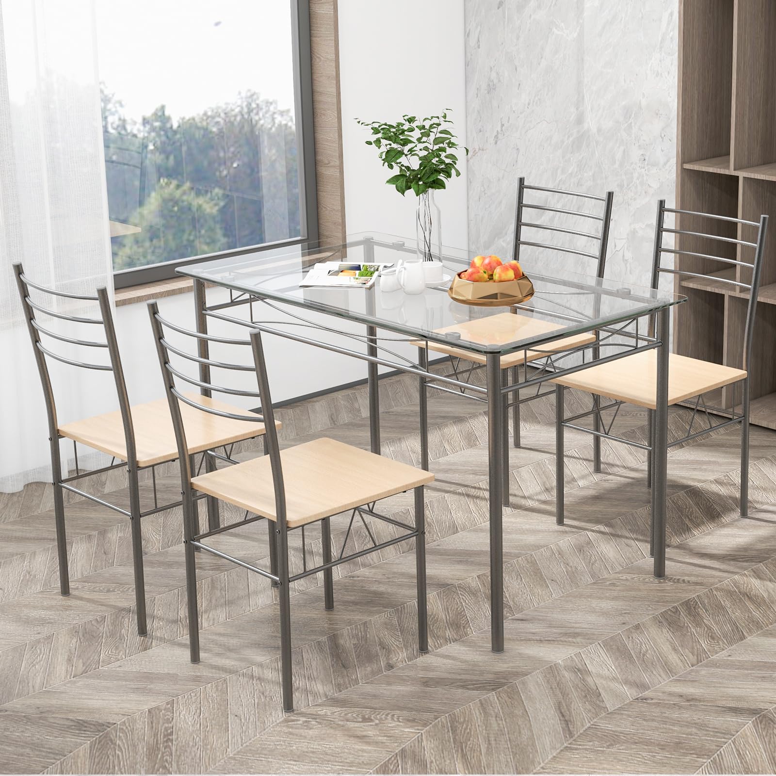 BEFOUNDLOVELY 5 Piece Dining Table Set, Kitchen Dining Set with Tempered Glass Table Top and 4 Chairs