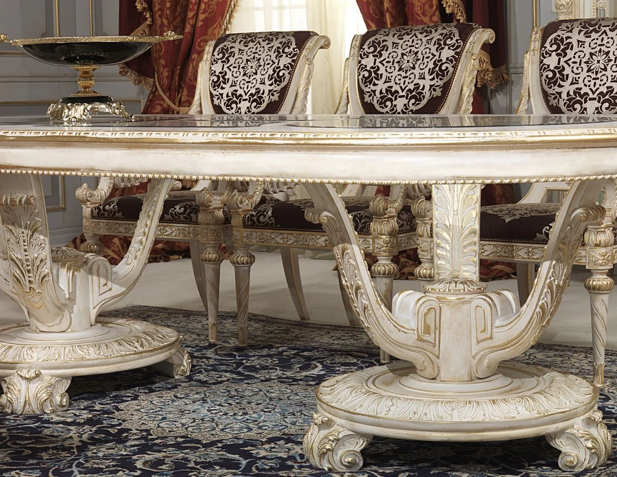 Luxury Baroque Dining Table White / Gold - Various Sizes - Magnificent Oval Solid Wood Dining Room Table with Glass Tops - Hotel Restaurant Castle Furniture - Luxury Quality - Made in Italy