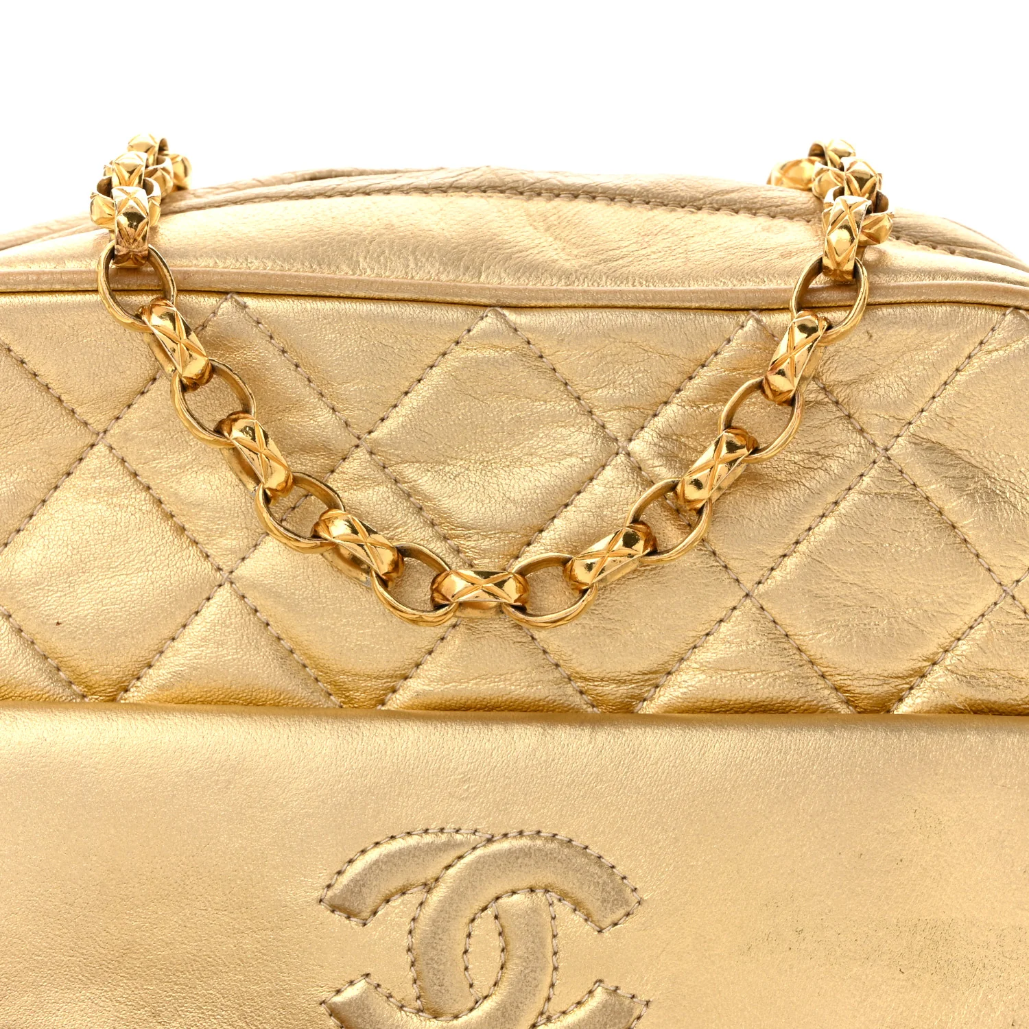 Metallic Lambskin Quilted Camera Case Gold - Top Club
