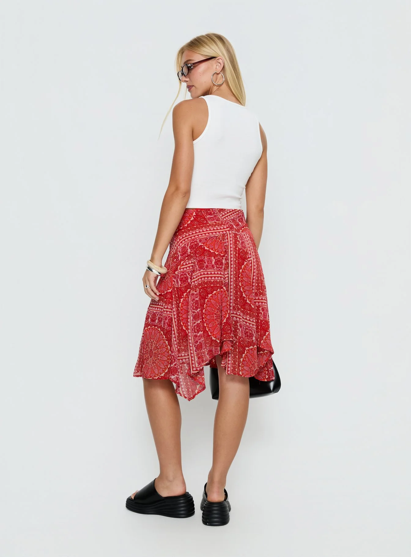 Raenah Asymmetrical Midi Skirt Red Paisley