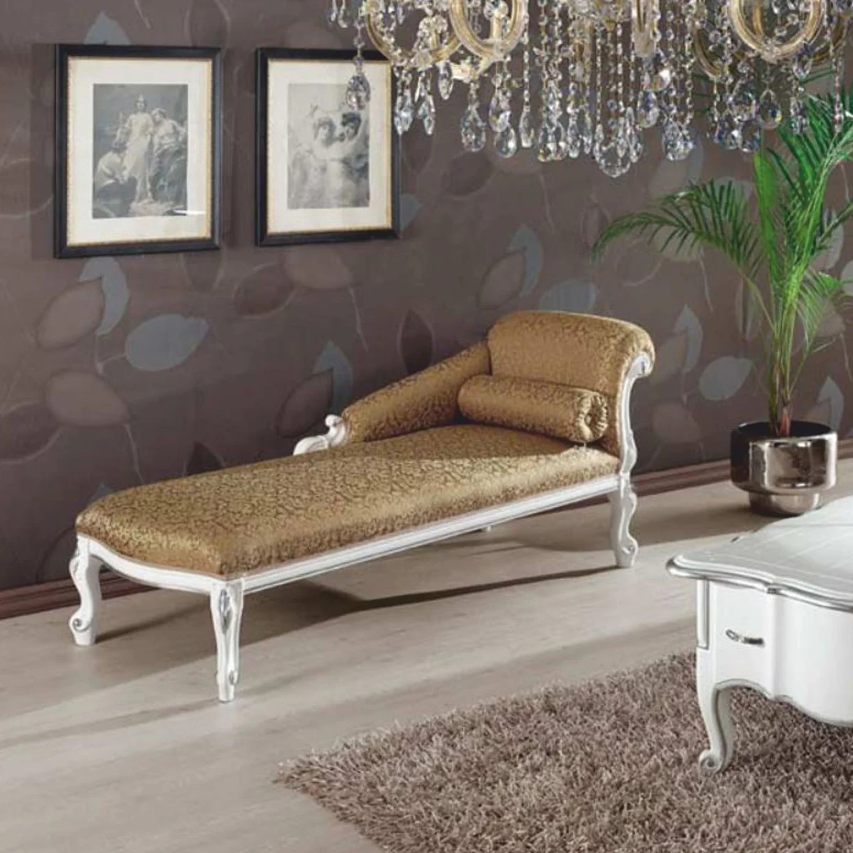 Luxus Barock Chaiselongue Gold / Weiß / Silber 166 cm - Made in Italy