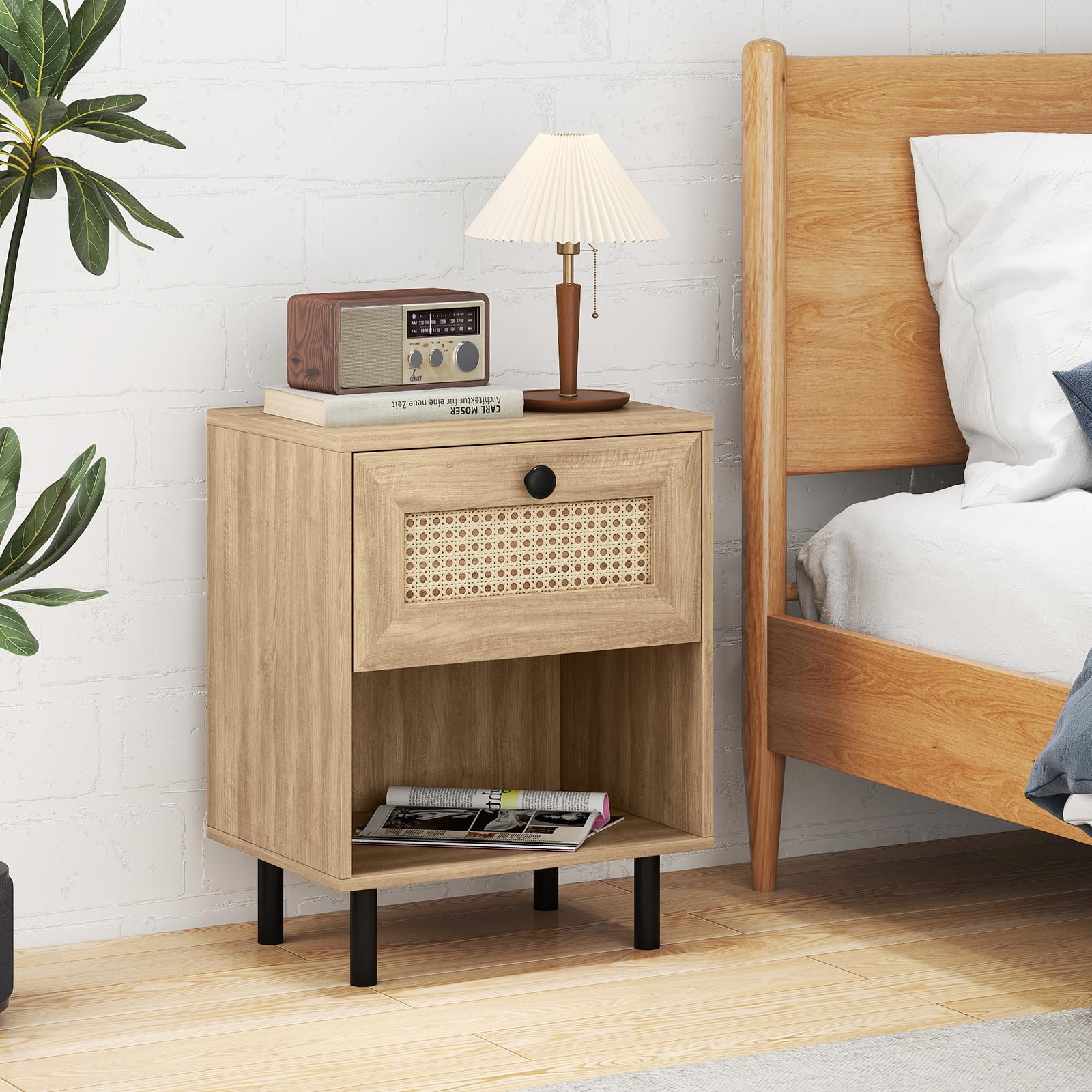 BEFOUNDLOVELY Rattan Nightstand with Drawer Boho Bedside Table