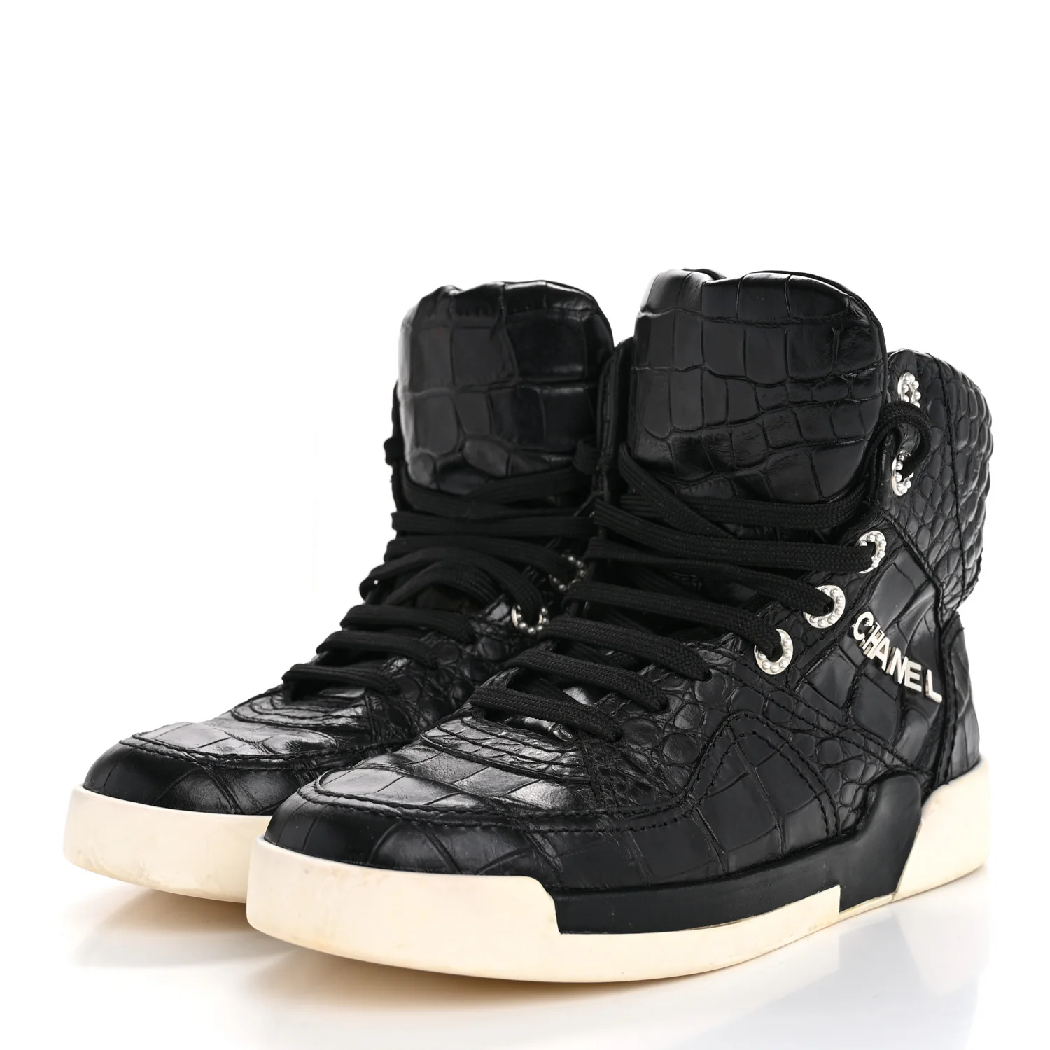 Calfskin Crocodile Embossed Cocodile High Top Sneakers 36.5 Black - Top Club