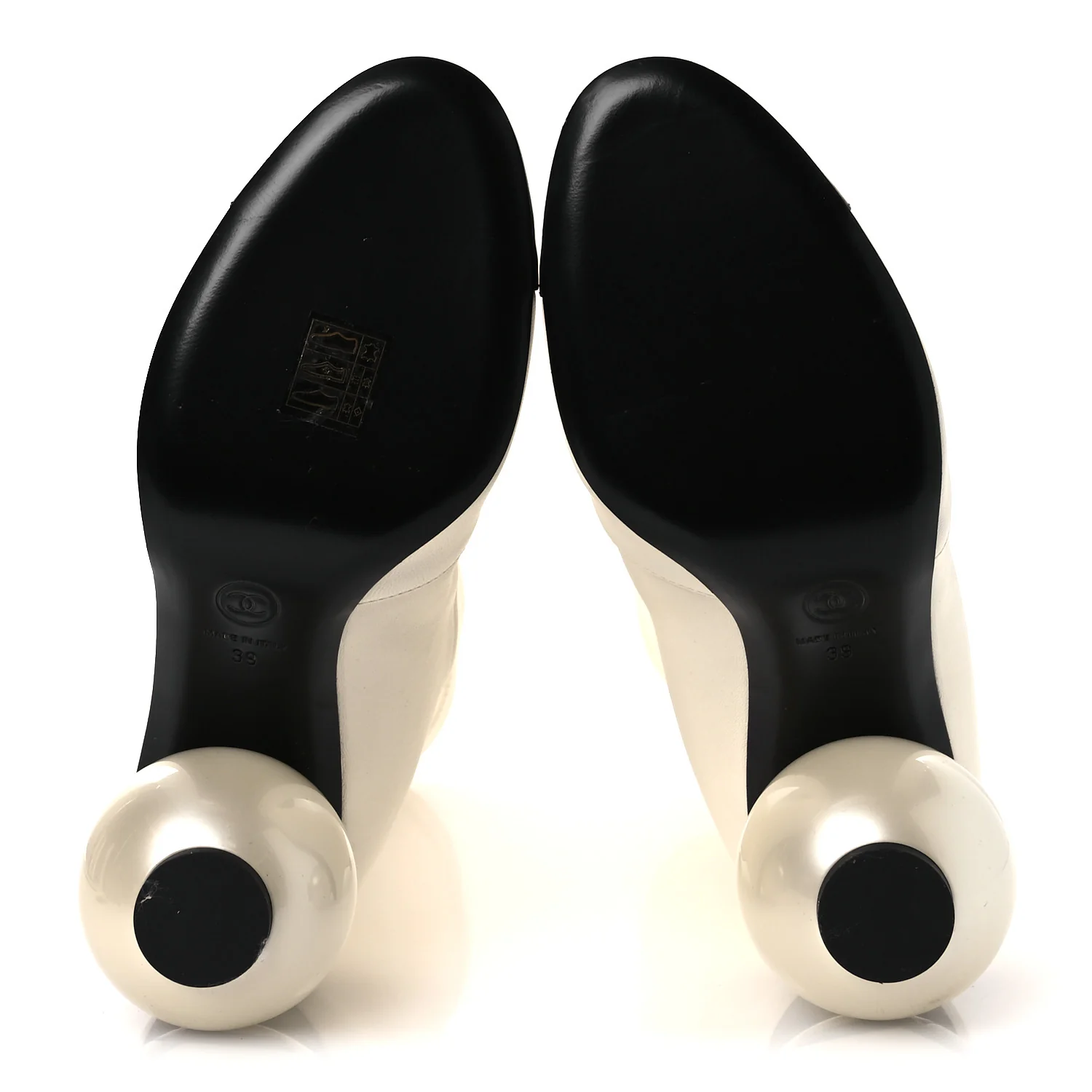 Stretch Lambskin Patent Cap Toe Pearl Ball Mid Calf Boots 39 White Black - Top Club