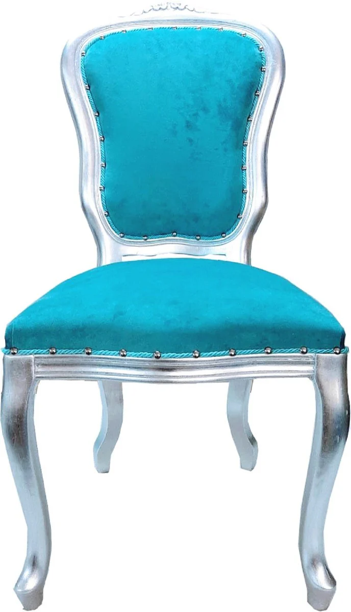 Luxury baroque dining room set Louis turquoise / silver 50 x 60 x H. 104 cm - 4 handmade dining chairs - Baroque dining room furniture - Made in Italy