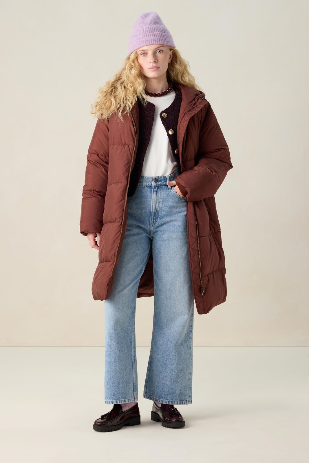 Donkerbruine lange pufferjas