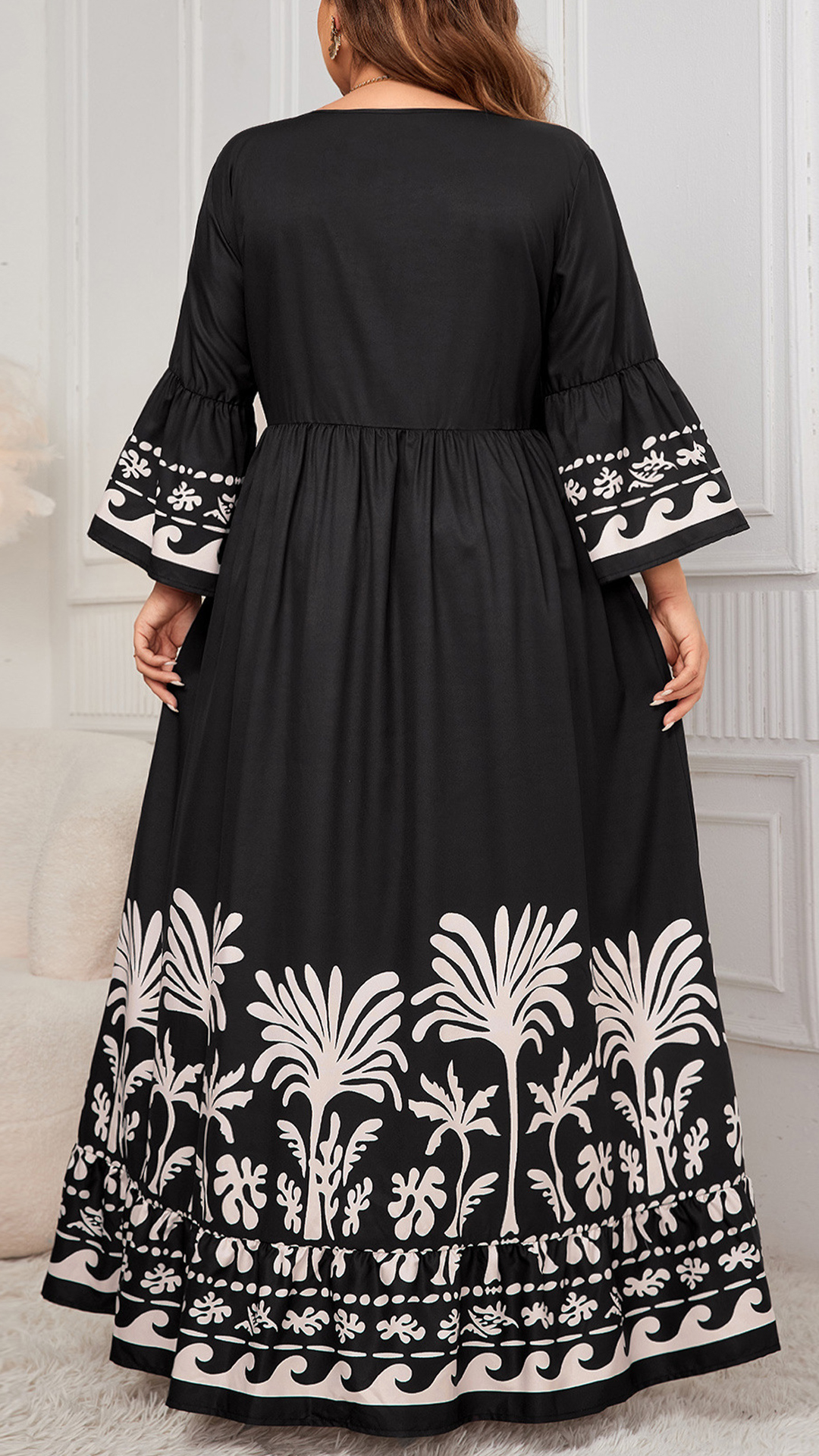 Women's Black & White Botanical Print V-Neck Bell Sleeve Maxi Dress - Nordfashionstorm - Women's Clothing, Fashion for You - Nordfashionstorm.com