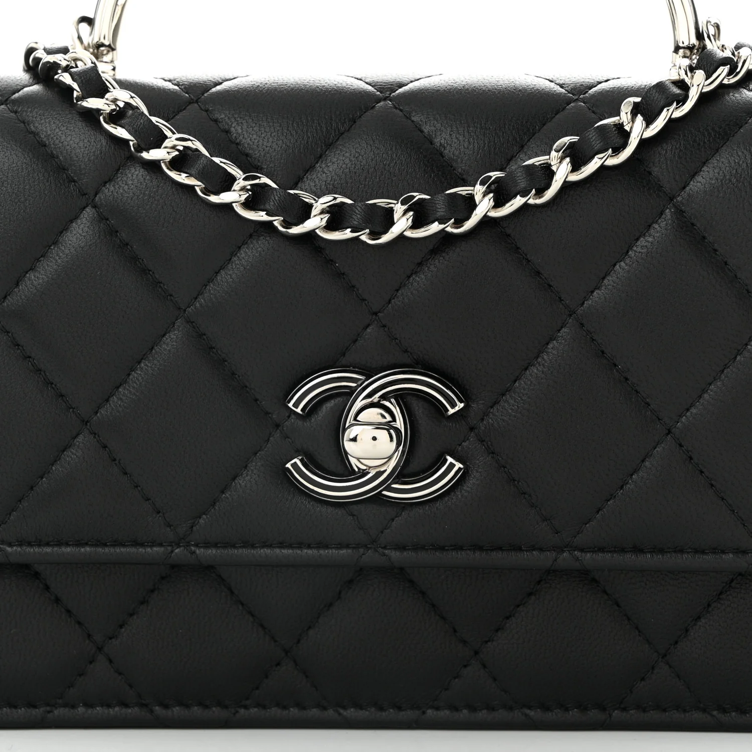 Lambskin Quilted Metal Top Handle Crossbody Flap Black - Top Club