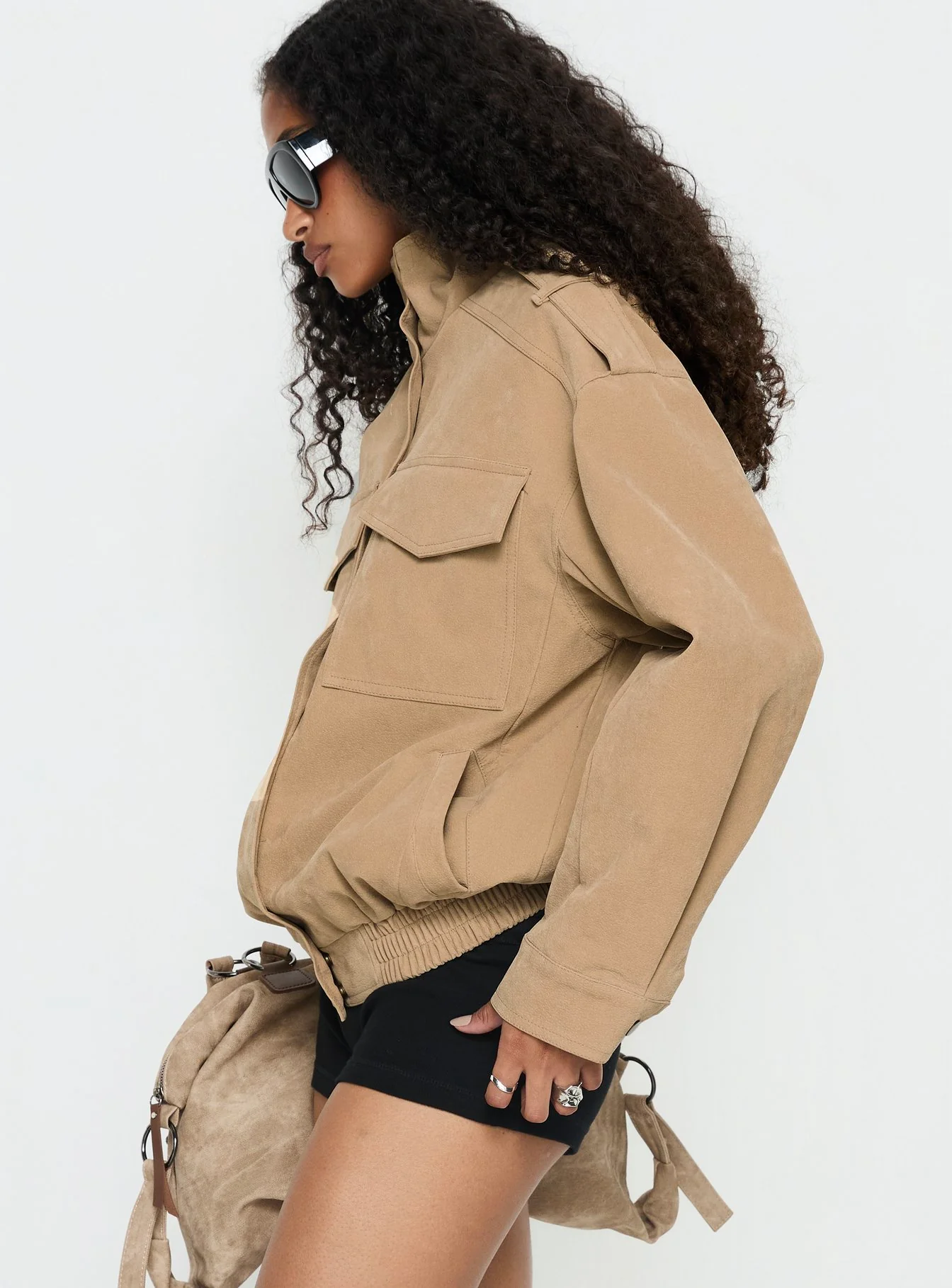 Double Life Funnel Neck Cargo Jacket Beige