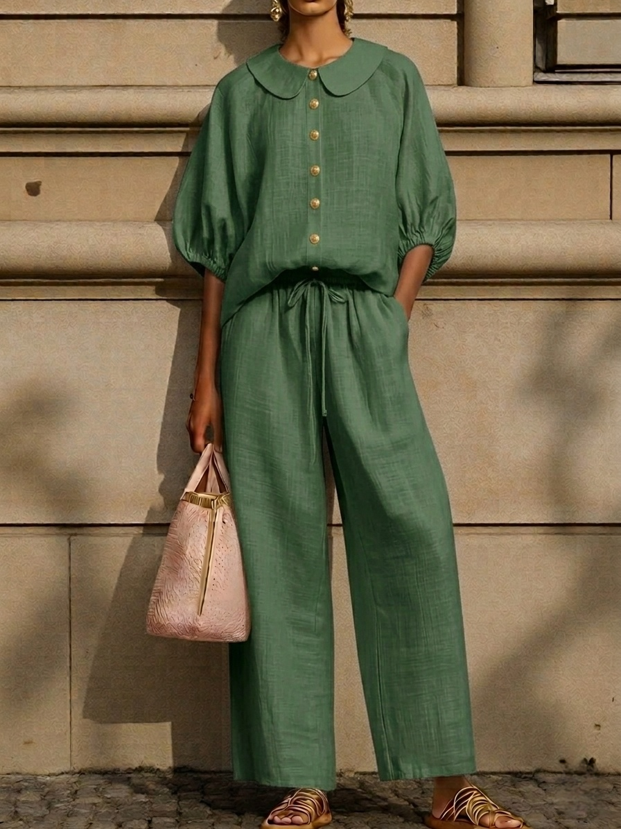Plus Size Friendly New Arrivals🔥Stylish Peter Pan Collar Shirt And Wide-leg Pant Linen Two-piece Set - Nordfashionstorm - Women's Clothing, Fashion for You - Nordfashionstorm.com