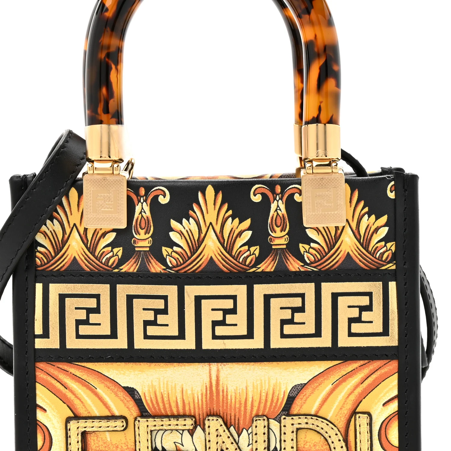 X VERSACE Vitello King Catalan Mirror Plexiglass Fendace FF Baroque Logo Mini Fendi Sunshine Shopper Tote Black Gold - Top Club