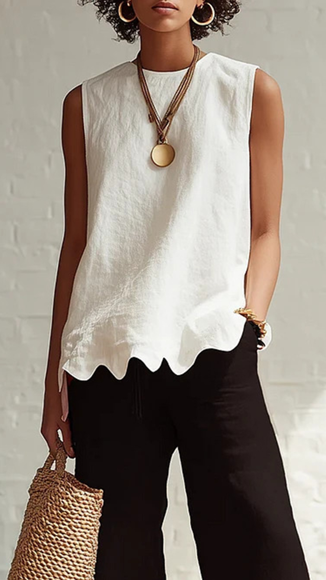 Women's Cotton‑blend Crew‑neck Sleeveless Scalloped‑hem Waist‑cinched Top - Nordfashionstorm - Women's Clothing, Fashion for You - Nordfashionstorm.com