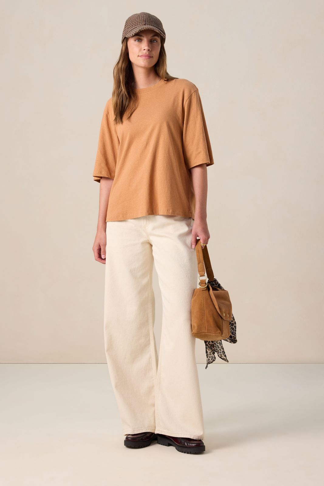 Lichtbruin linnenmix T-shirt