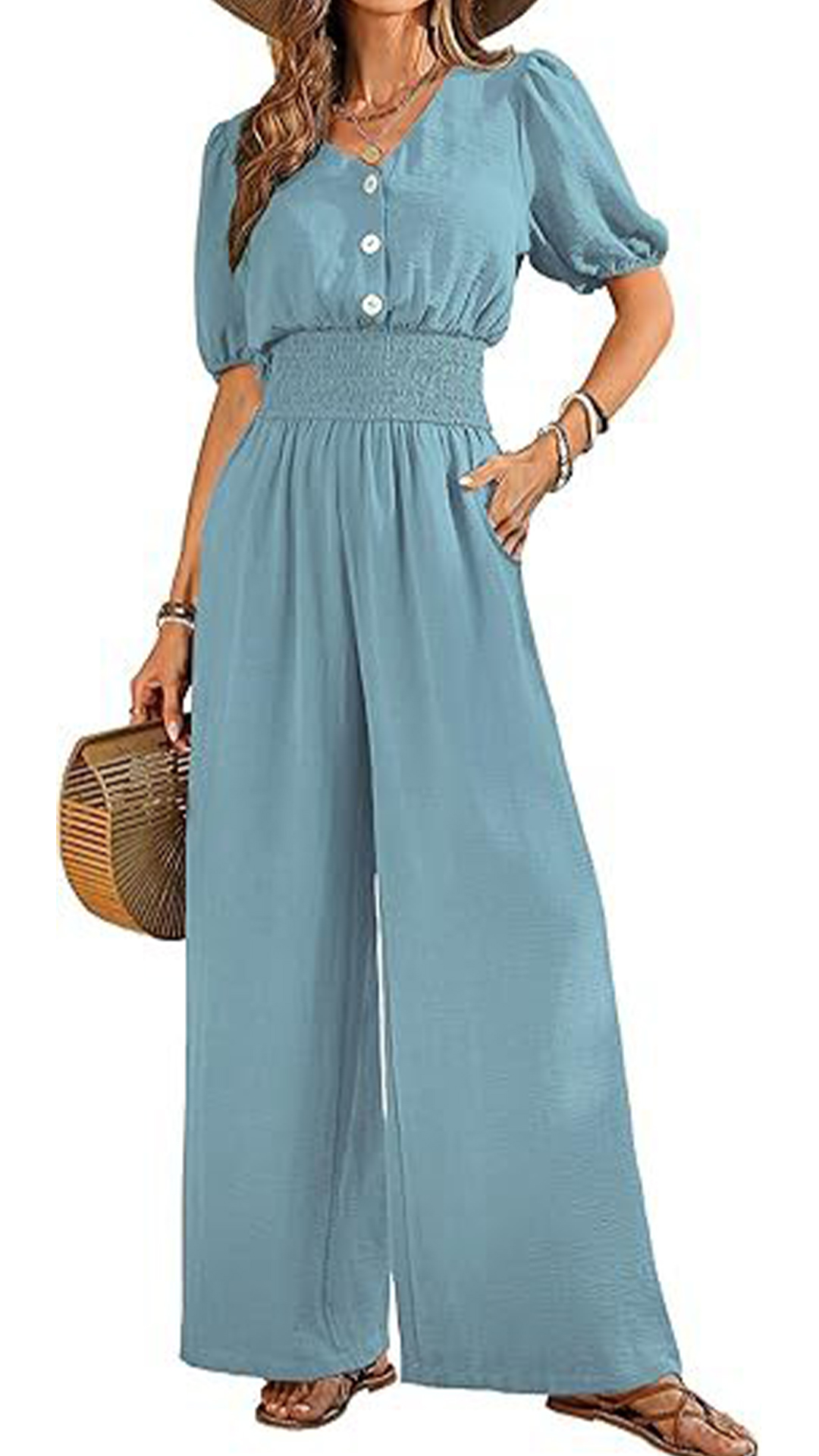 Women's V-Neck Jumpsuit with Puff Sleeves, Cinched Waist, and Wide Legs - Nordfashionstorm - Women's Clothing, Fashion for You - Nordfashionstorm.com