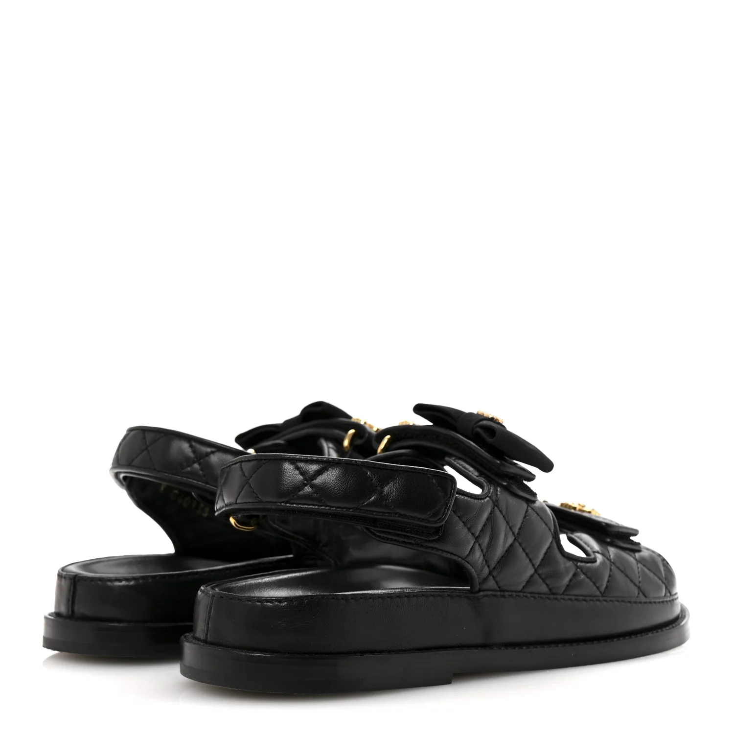 Lambskin Velcro CC Pearl Bow Dad Sandals 38 Black - Top Club