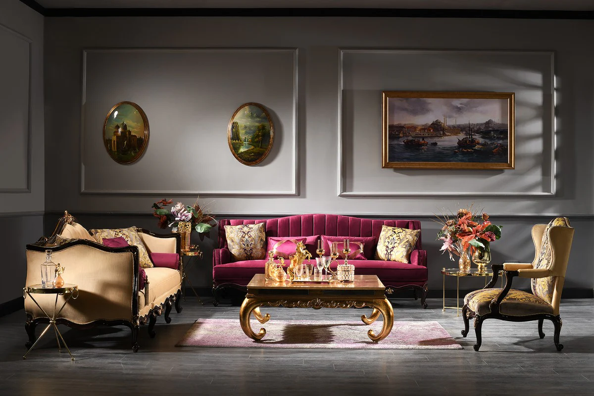 Luxury baroque sofa beige / black / gold 250 x 110 x H. 90 cm - magnificent living room sofa - baroque furniture