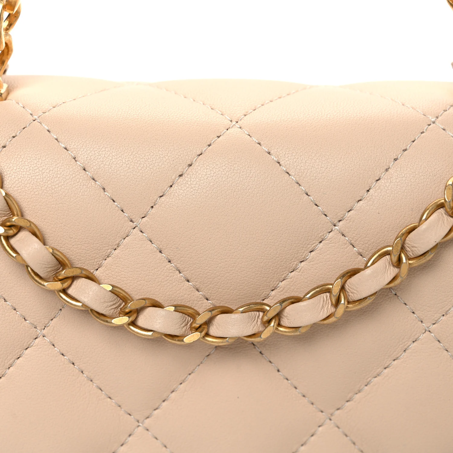 Lambskin Quilted Metal Enamel Chain Top Handle Square Flap Beige - Top Club
