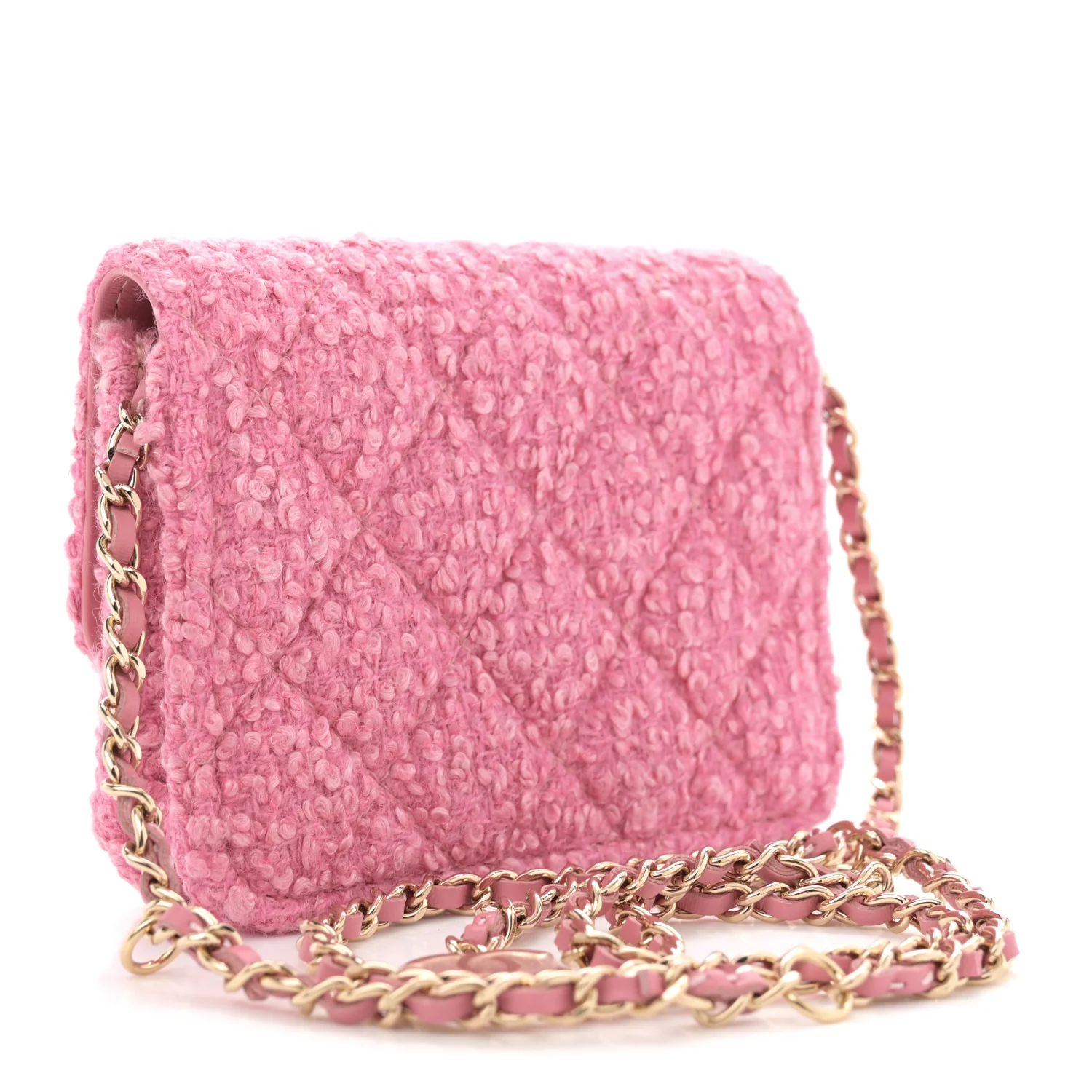 Tweed Quilted Flap Chain Waist Bag Pink