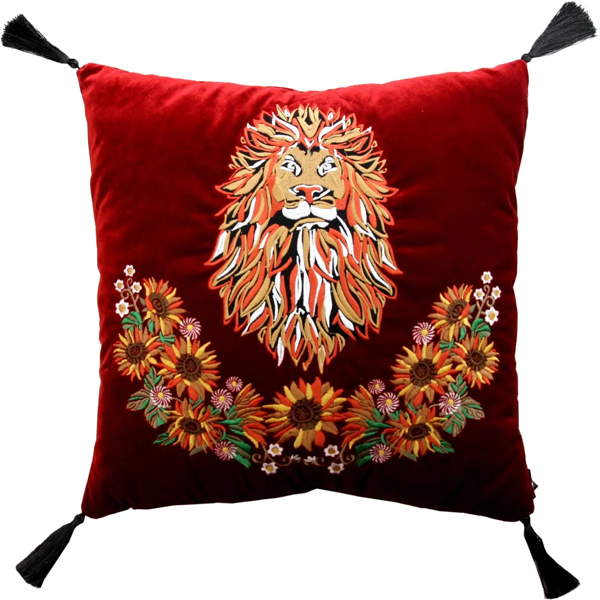 Luxury decorative cushion with tassels lion bordeaux red / multicolored 45 x 45 cm - finest velvet fabric - luxury quality
