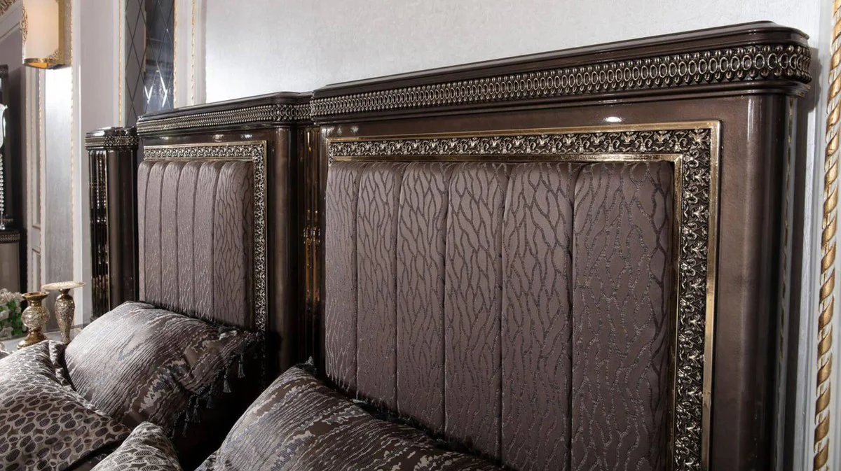 Luxury Baroque Double Bed Gray / Dark Brown / Gold - Magnificent Solid Wood Bed - Luxury Bedroom Furniture in Baroque Style - Baroque Bedroom Furniture