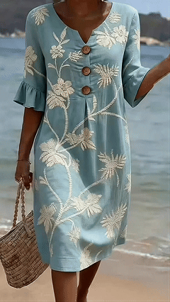 Women's Vacation-Style V-Neck Printed Loose-Fit Dress with Mid-Length Sleeves - Nordfashionstorm - Women's Clothing, Fashion for You - Nordfashionstorm.com