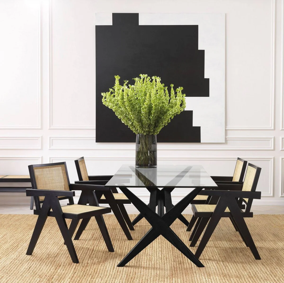 Luxury dining table black 230 x 100 x H. 77 cm - Solid wood kitchen table with glass top - Rectangular dining room table - Luxury dining room furniture