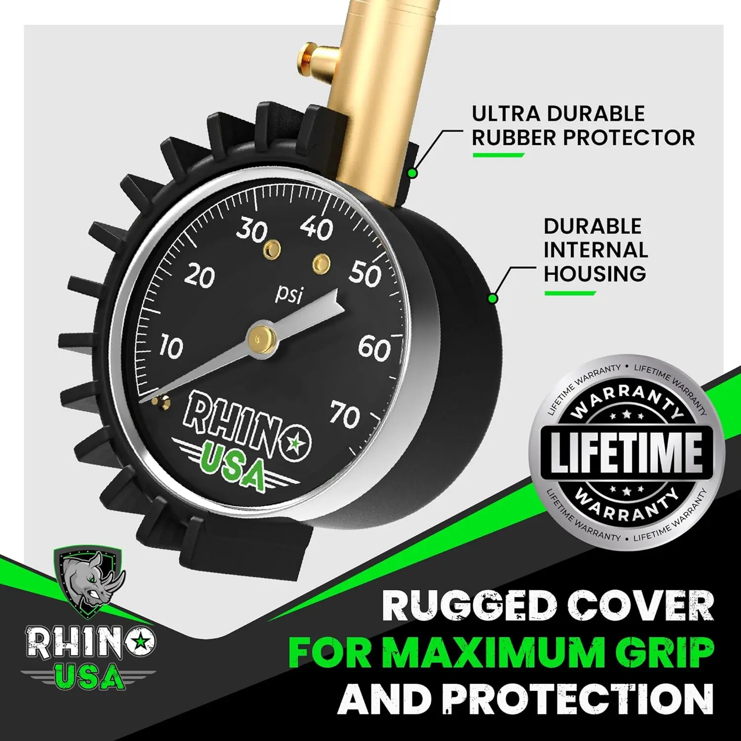 Rhino USA Heavy Duty Tire Pressure Gauge (0-75 PSI) Certified ANSI B40.1 Accurate, Large 2