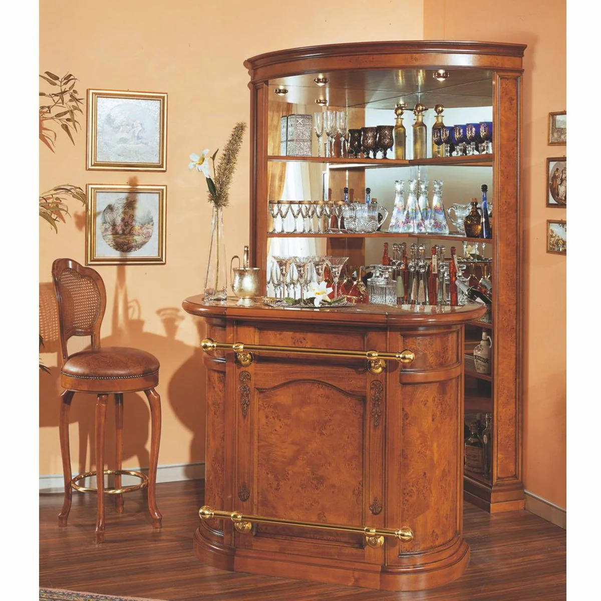 Luxury Baroque Leather Bar Chair Brown / Gold H. 118 cm - Bar Furniture - Made in Italy