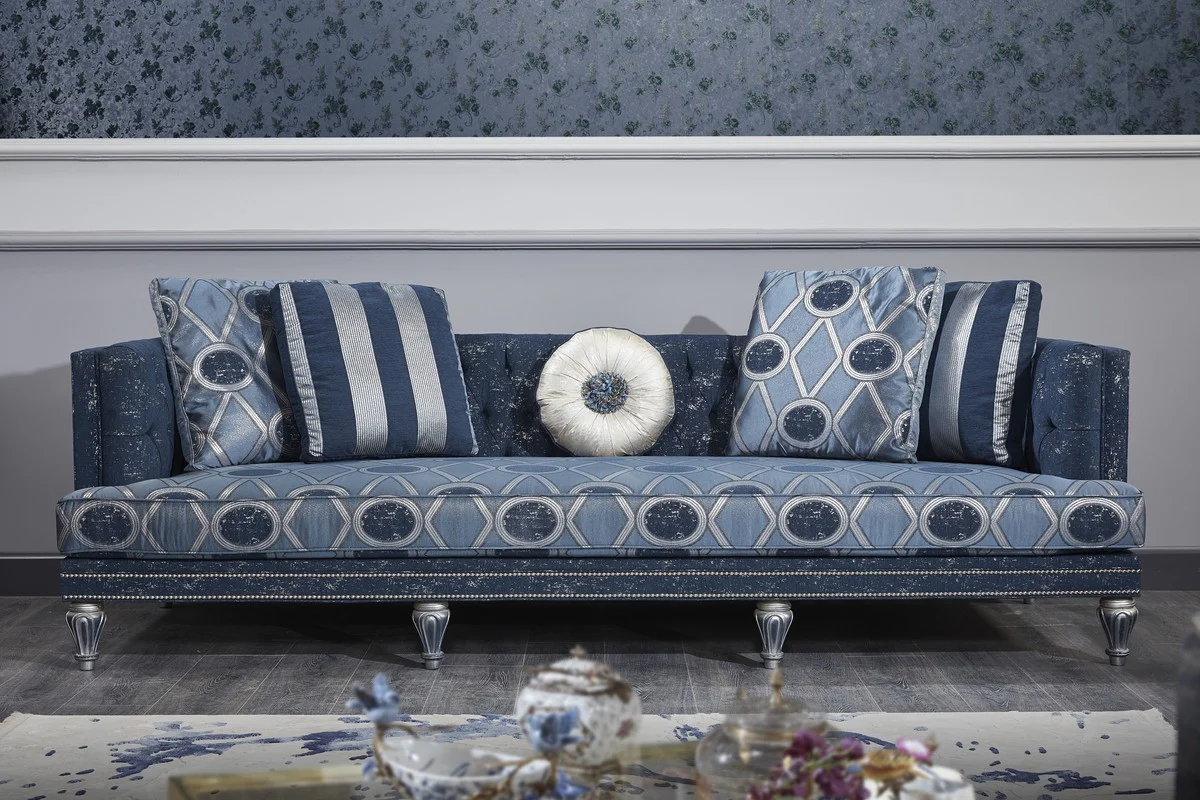 Luxury Baroque Living Room Set Dark Blue / Light Blue / Silver - Sofa & 2 Armchairs & Coffee Table - Baroque Living Room Furniture