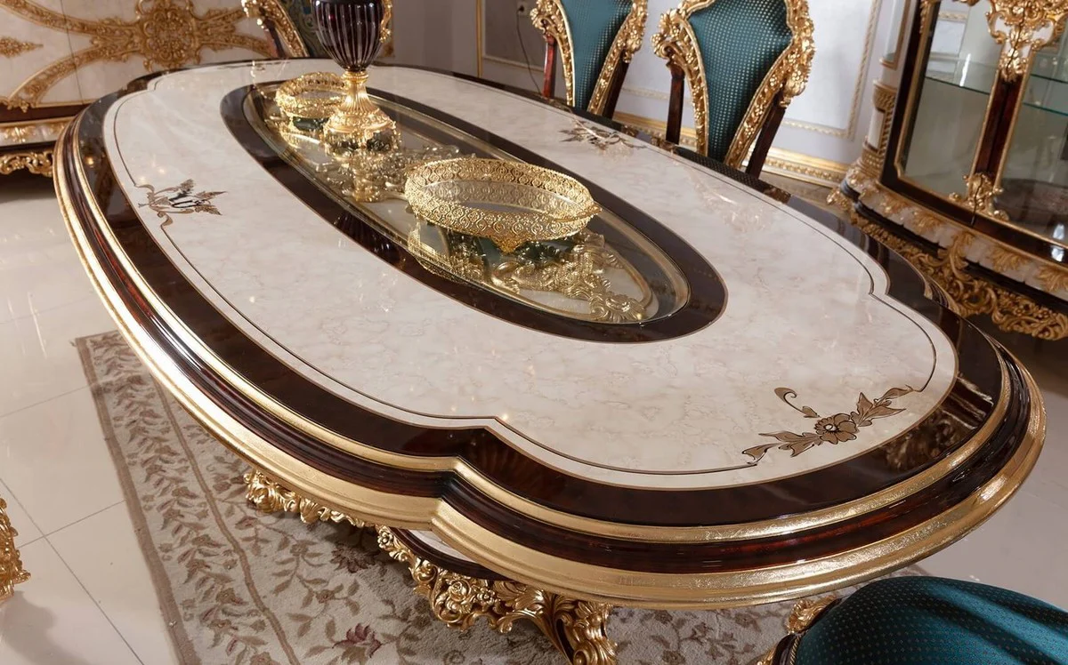 Luxury Baroque Dining Room Set White / Brown / Blue / Gold - 1 Baroque Dining Table & 6 Baroque Dining Chairs - Baroque Dining Room Furniture - Noble & Magnificent
