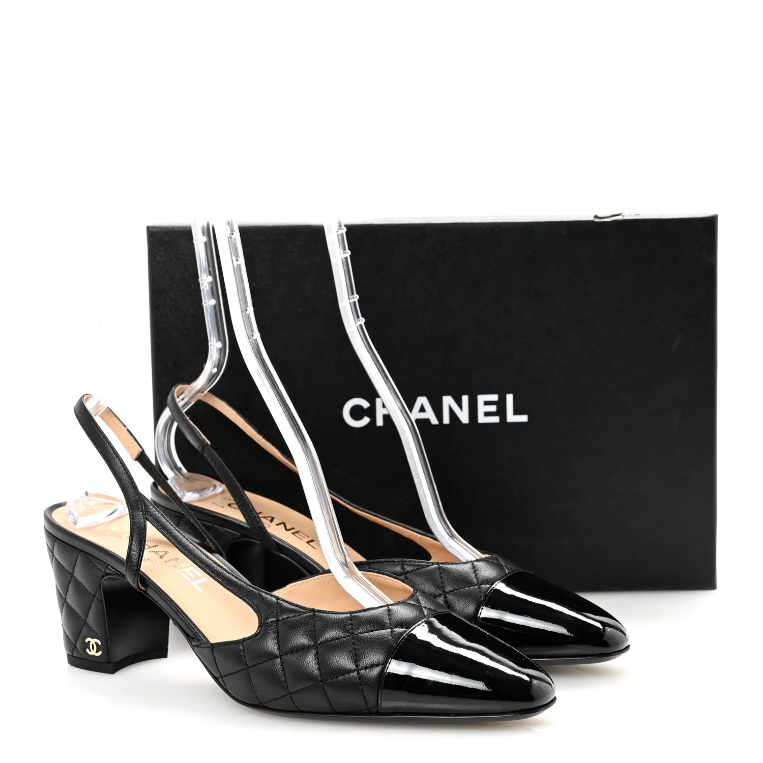 Lambskin Patent Calfskin Quilted Cap Toe CC Slingback Pumps 41 Black - Top Club