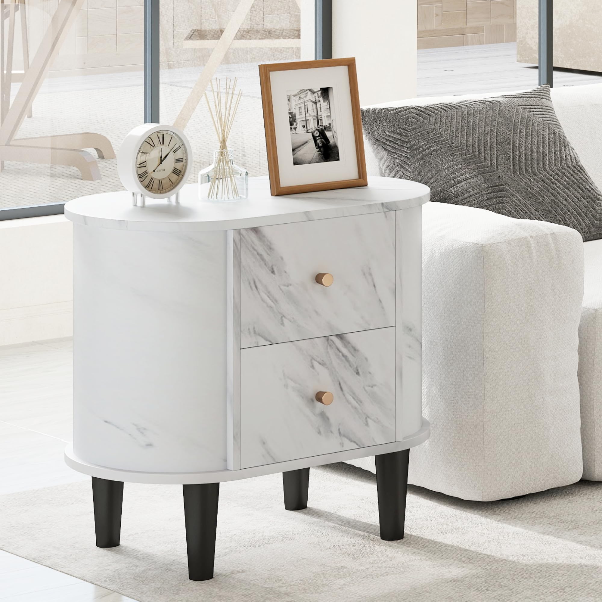 BEFOUNDLOVELY Oval Faux Marble Nightstand with 2 Drawers