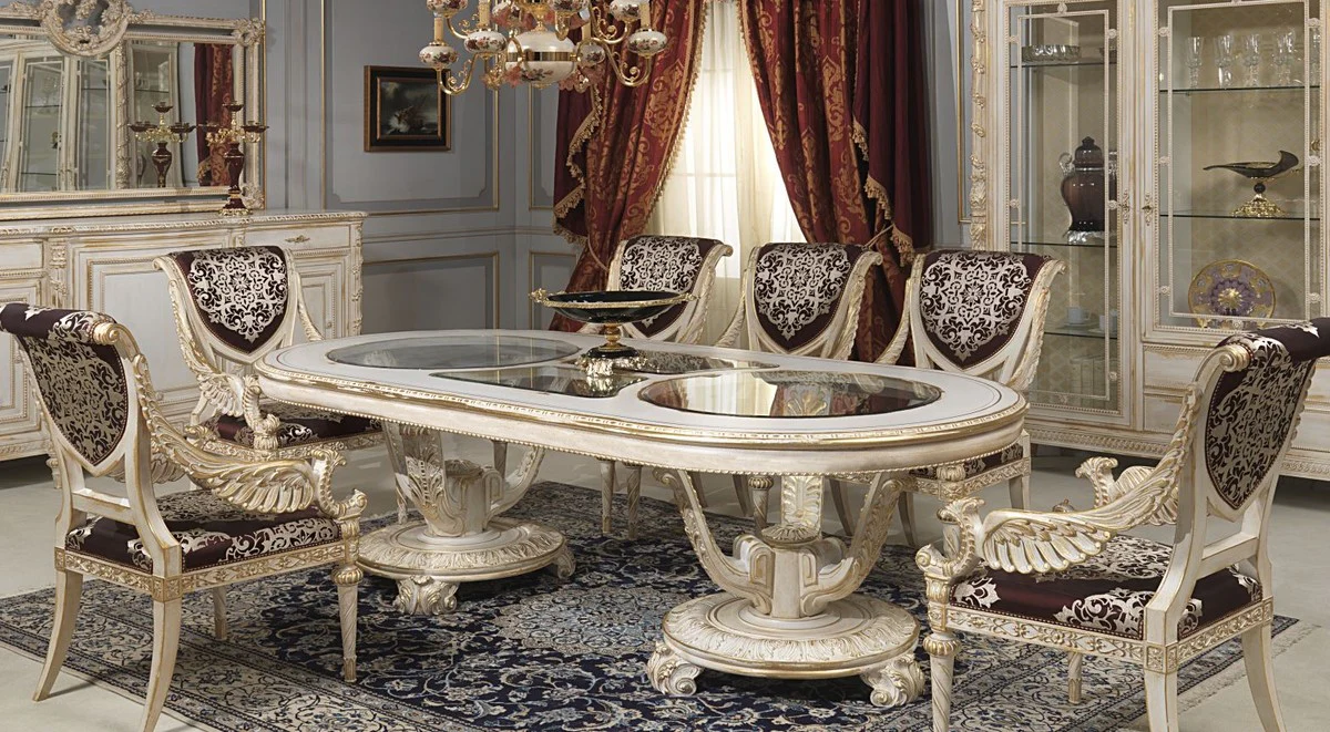 Luxury Baroque Dining Table White / Gold - Various Sizes - Magnificent Oval Solid Wood Dining Room Table with Glass Tops - Hotel Restaurant Castle Furniture - Luxury Quality - Made in Italy