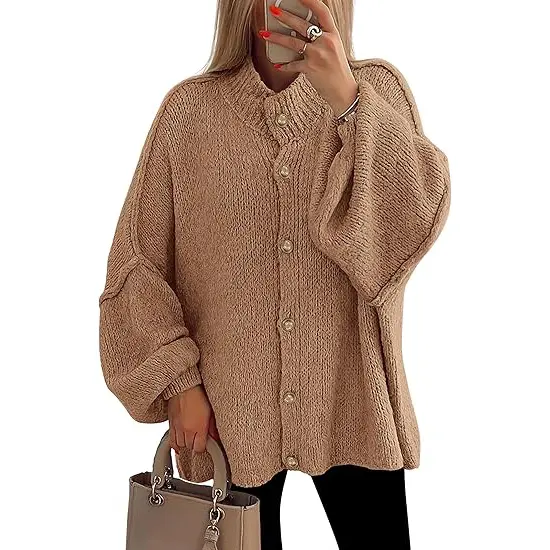 PrettyGarden Women's Winter Button Down Cardigan Sweaters Mock Neck Lantern Long Sleeve Chunky Knit Jacket Trendy Outerwear