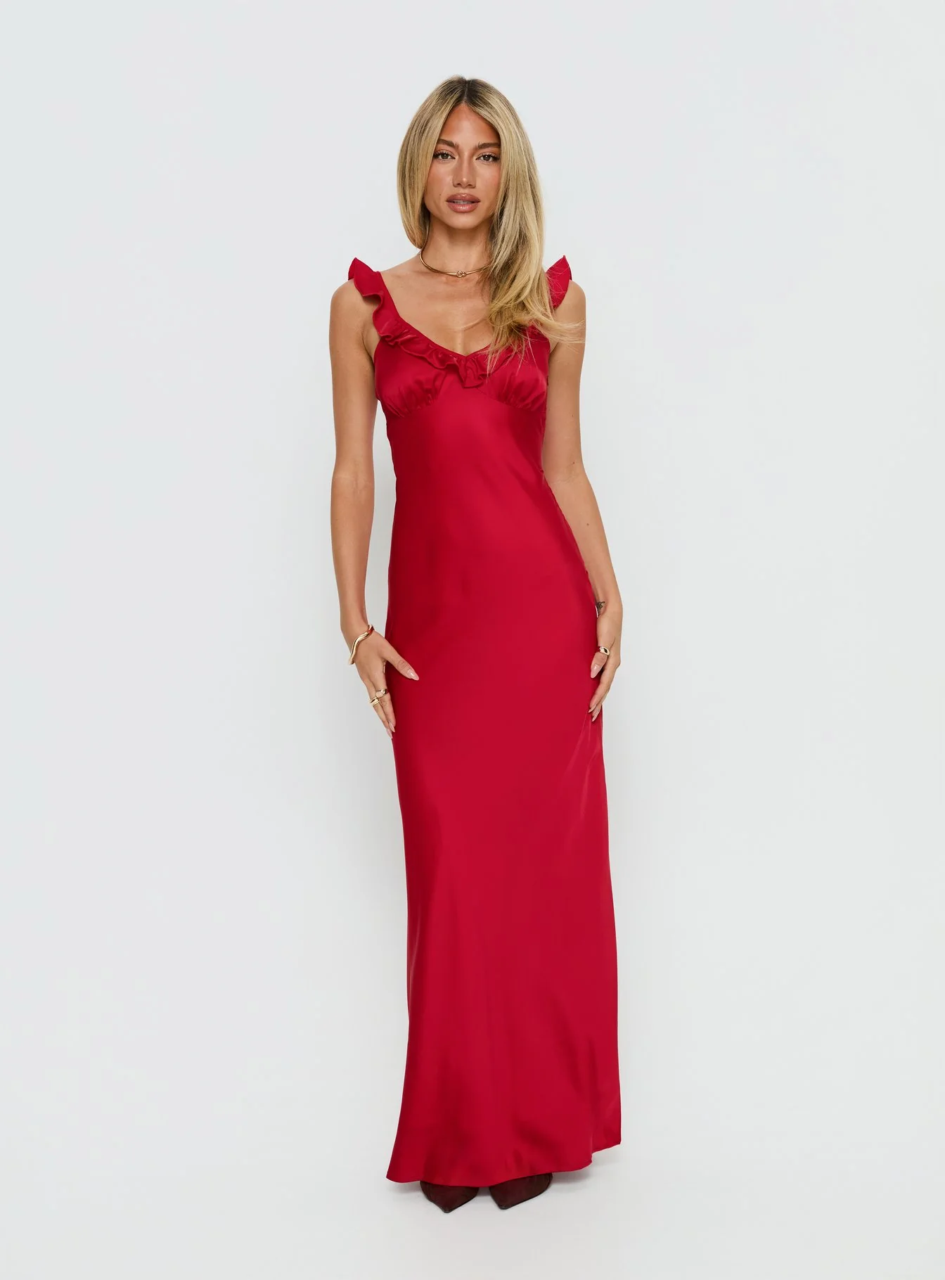 Ondrea Frill V Neck Maxi Dress Red