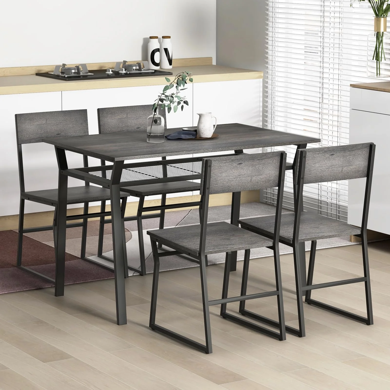 BEFOUNDLOVELY Dining Table Set for 4, 47”L x 28”W Rectangular Kitchen Table w/ 4 Trapezoid Chairs, Reinforced Metal Frame & Storage Rack