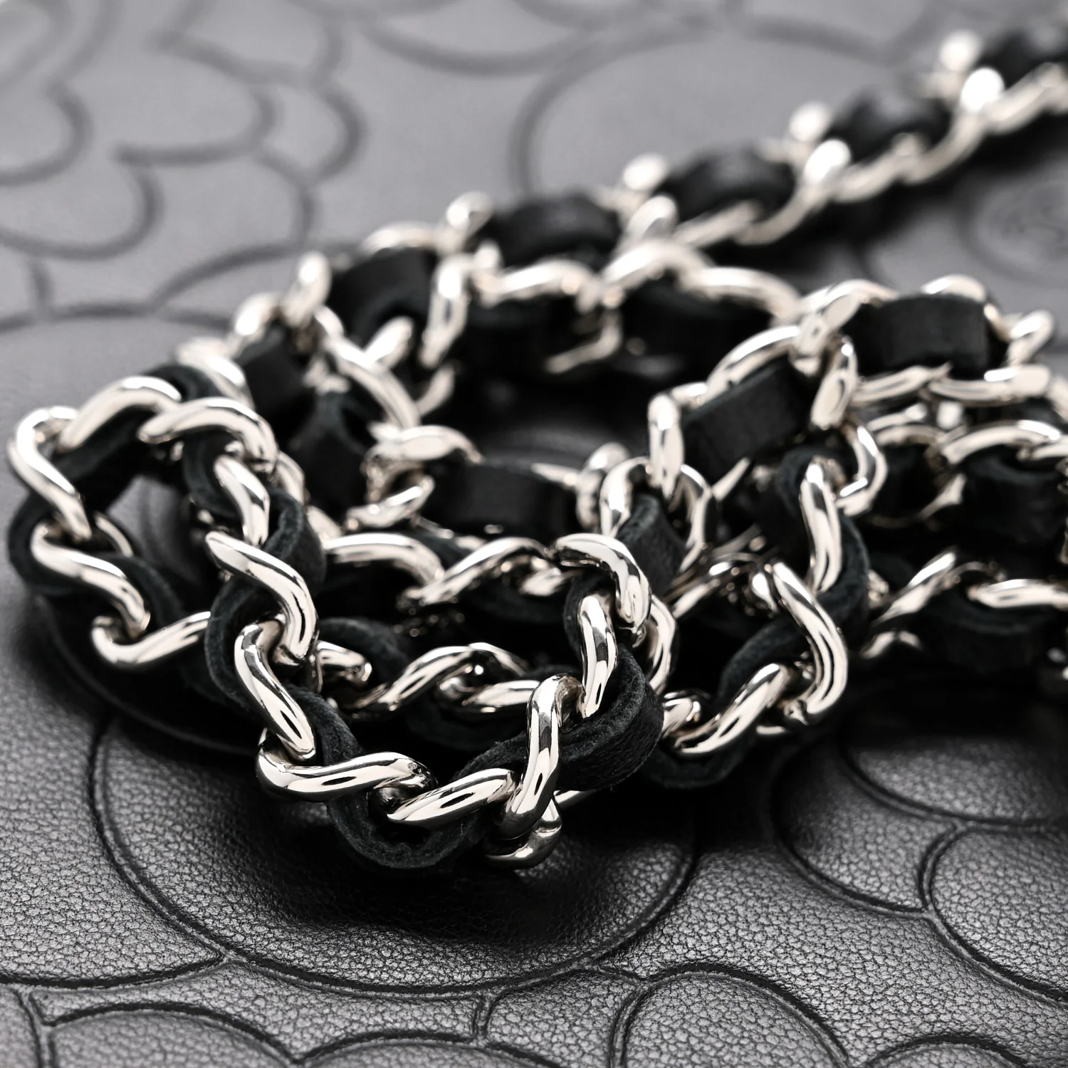 Lambskin Camellia Embossed Wallet On Chain WOC Black - Top Club