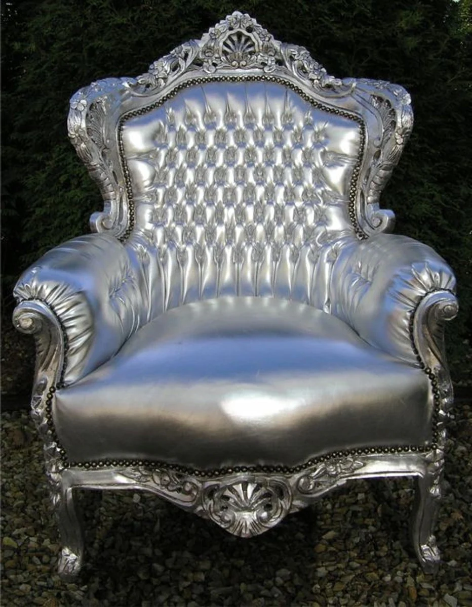 Baroque armchair King silver/silver leather look
