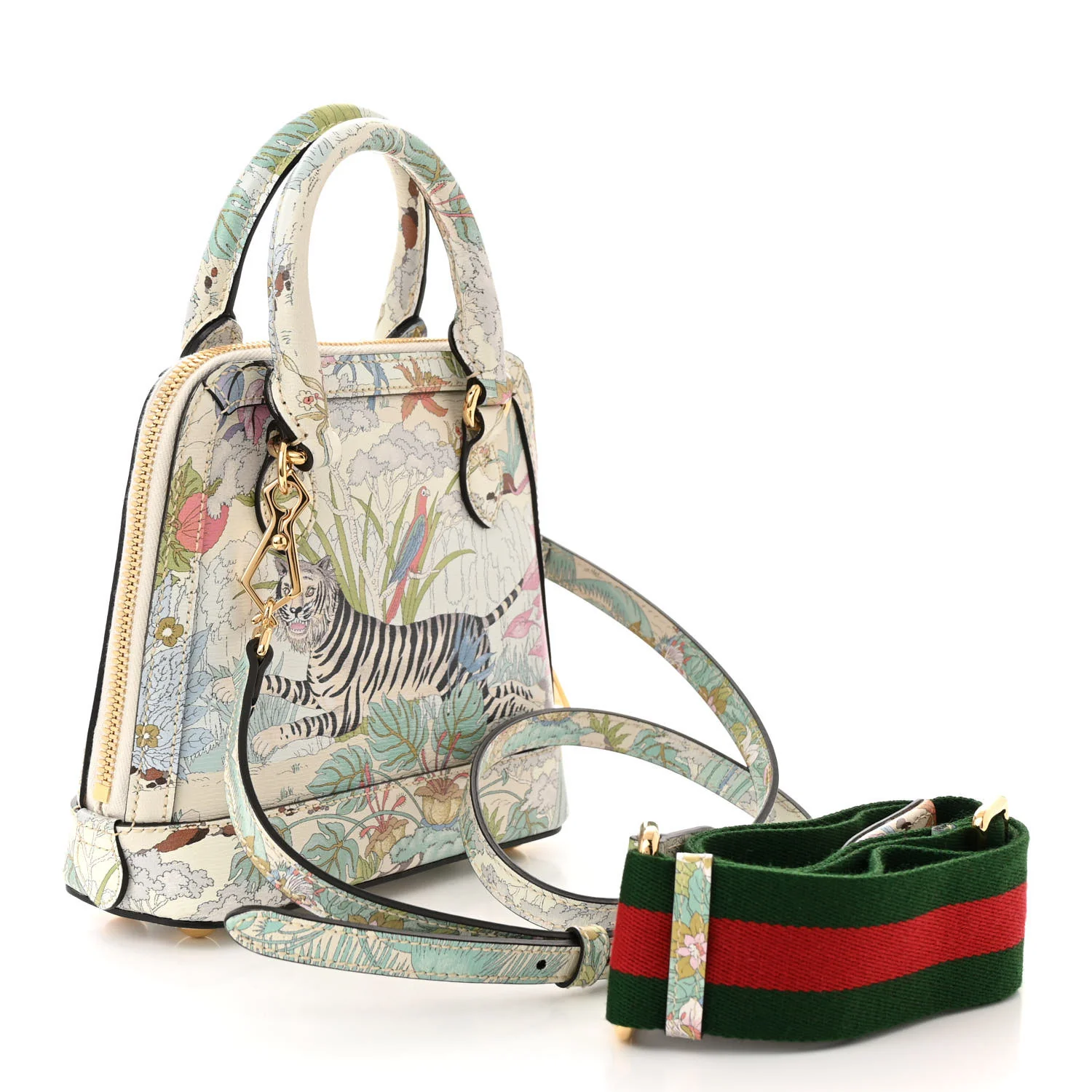 New Shangai Calfskin Tiger Savanah Web Mini Horsebit 1955 Top Handle Bag Chalky White Multicolor - Top Club