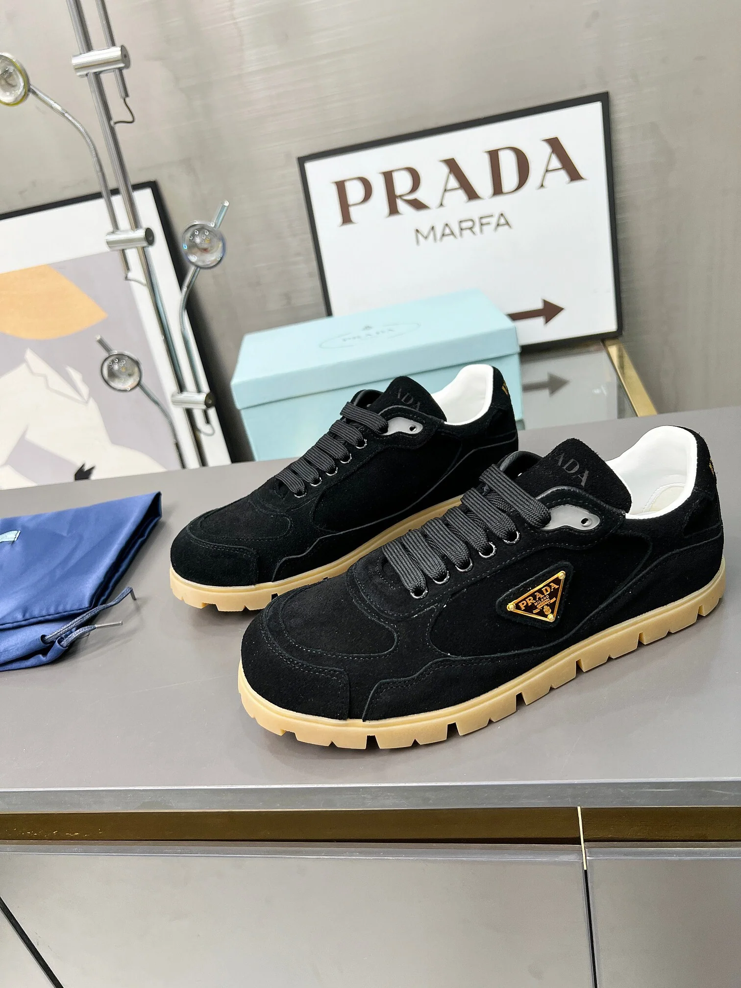 Prada Unisex Sneakers Triangle Logo Suede Luxury Sneakers - Sneaker Replica Workshop