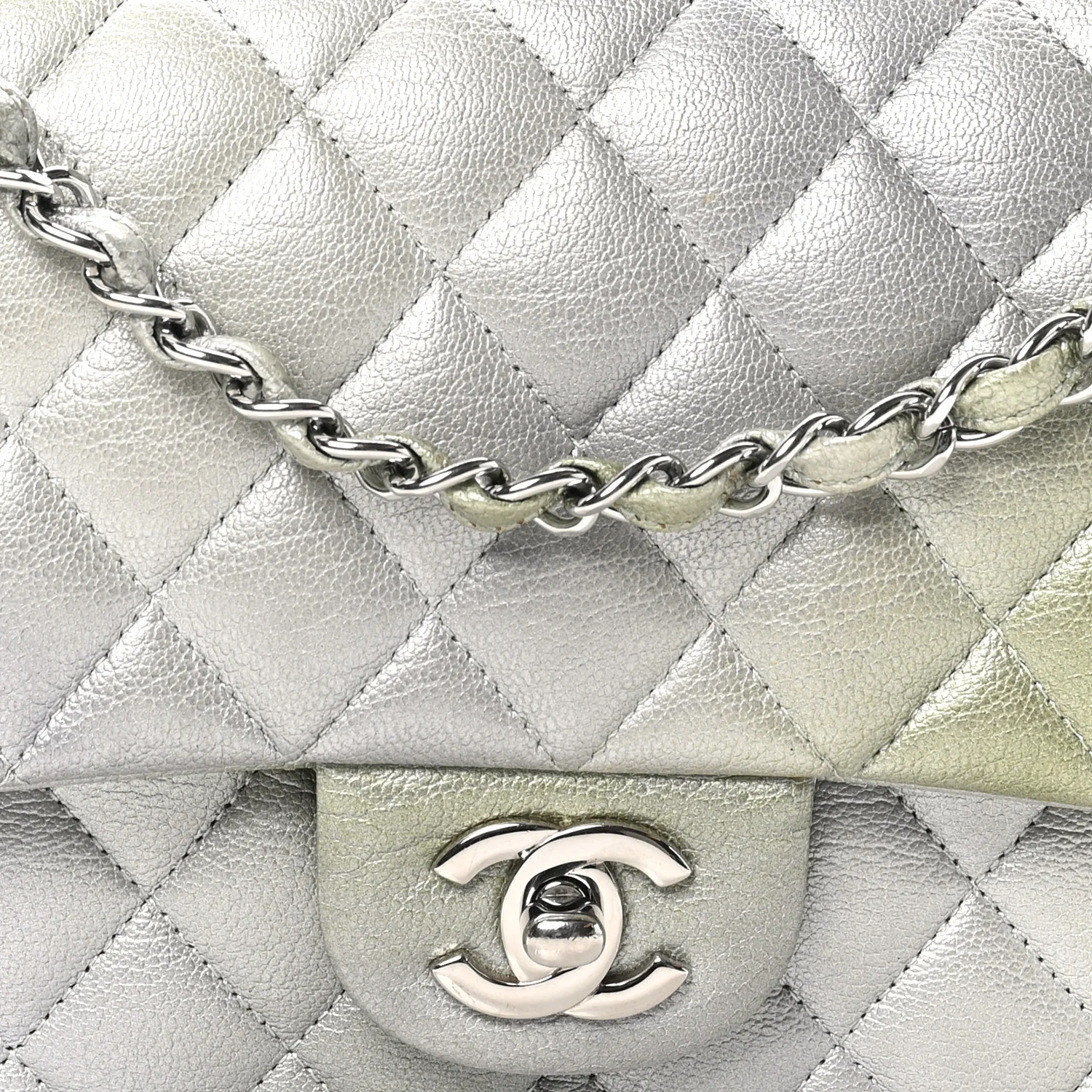 Metallic Goatskin Quilted Ombre Medium Double Flap Grey Green - Top Club