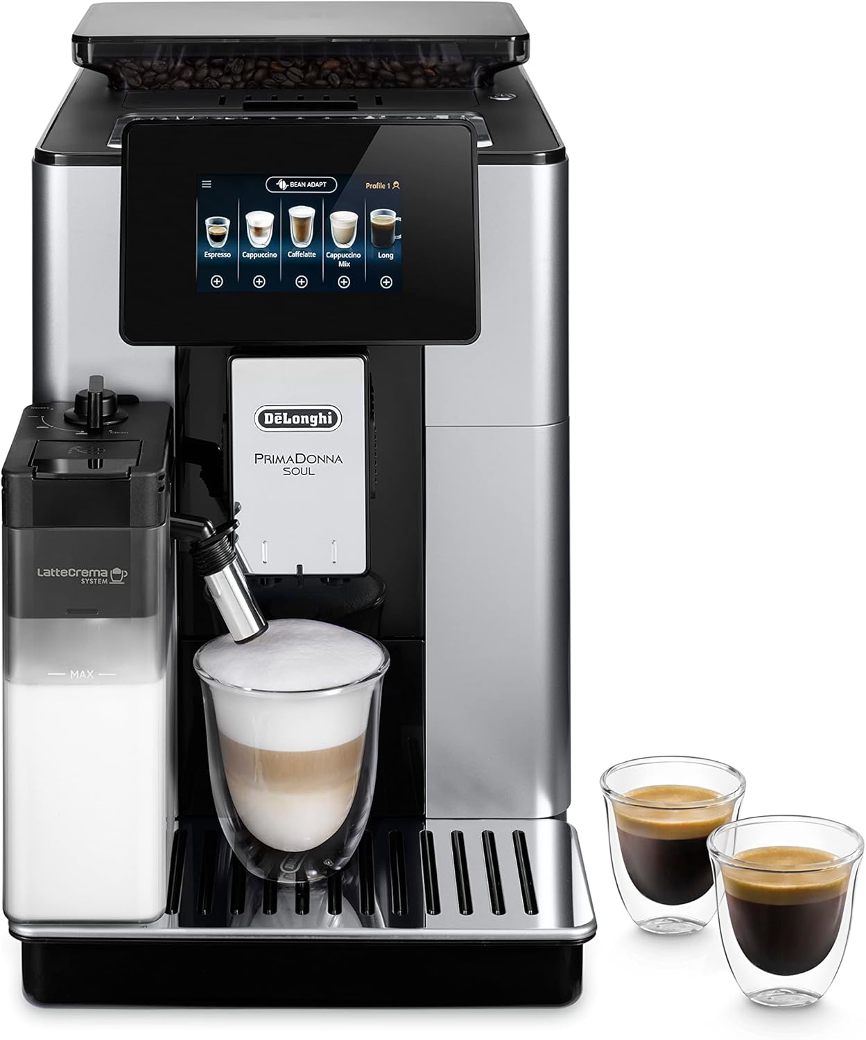 ECAM612.55.SB PrimaDonna Soul Macchina Automatica per Caffè in Chicchi, 1450 W, 2 Cups, LatteCrema System, Bean Adapt Technology, Acciaio e Plastica, Silver, Black,Esclusiva Amazon