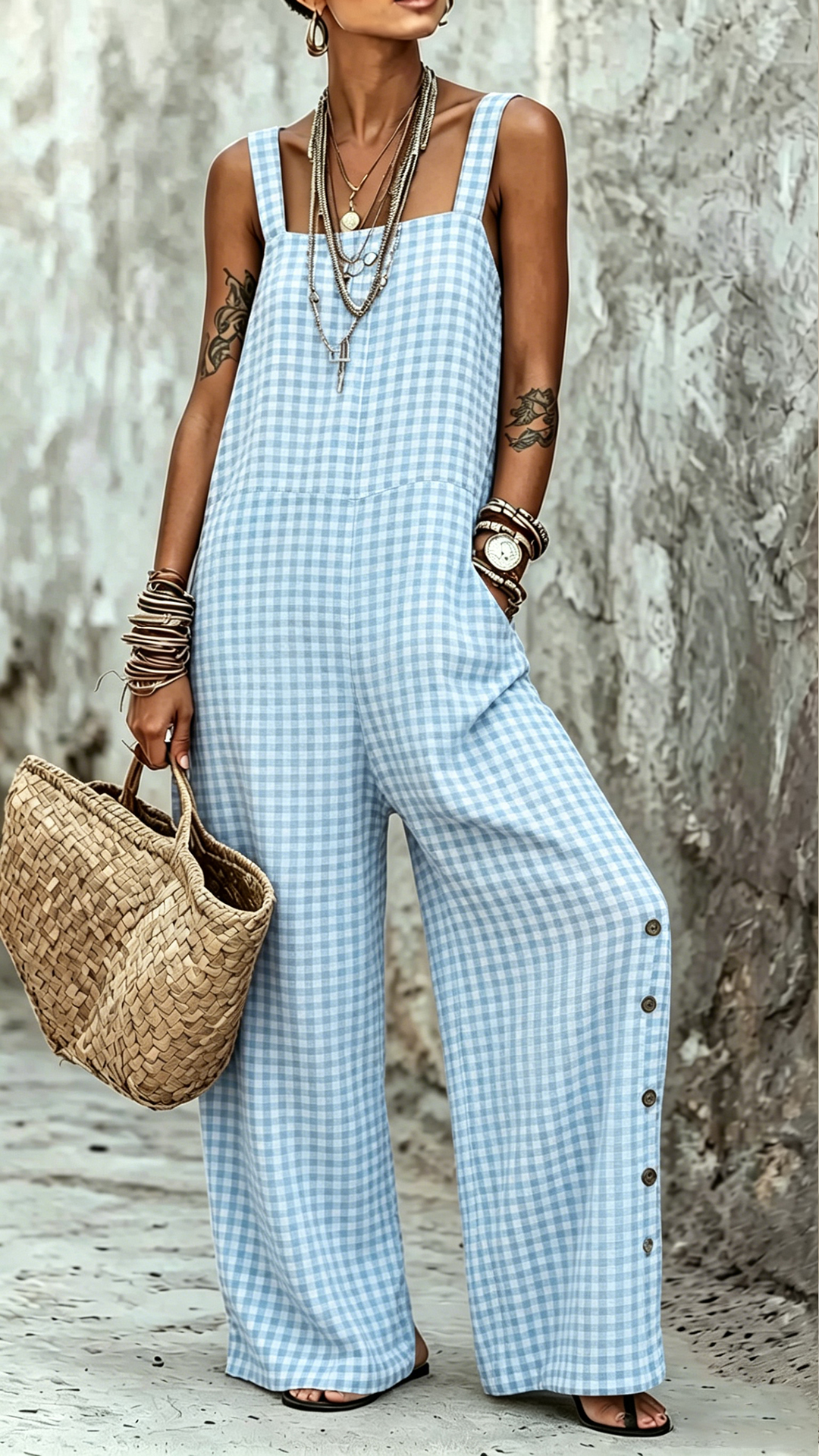 Women's Cotton-Blend Gingham Sleeveless Wide-Leg Jumpsuit - Nordfashionstorm - Women's Clothing, Fashion for You - Nordfashionstorm.com