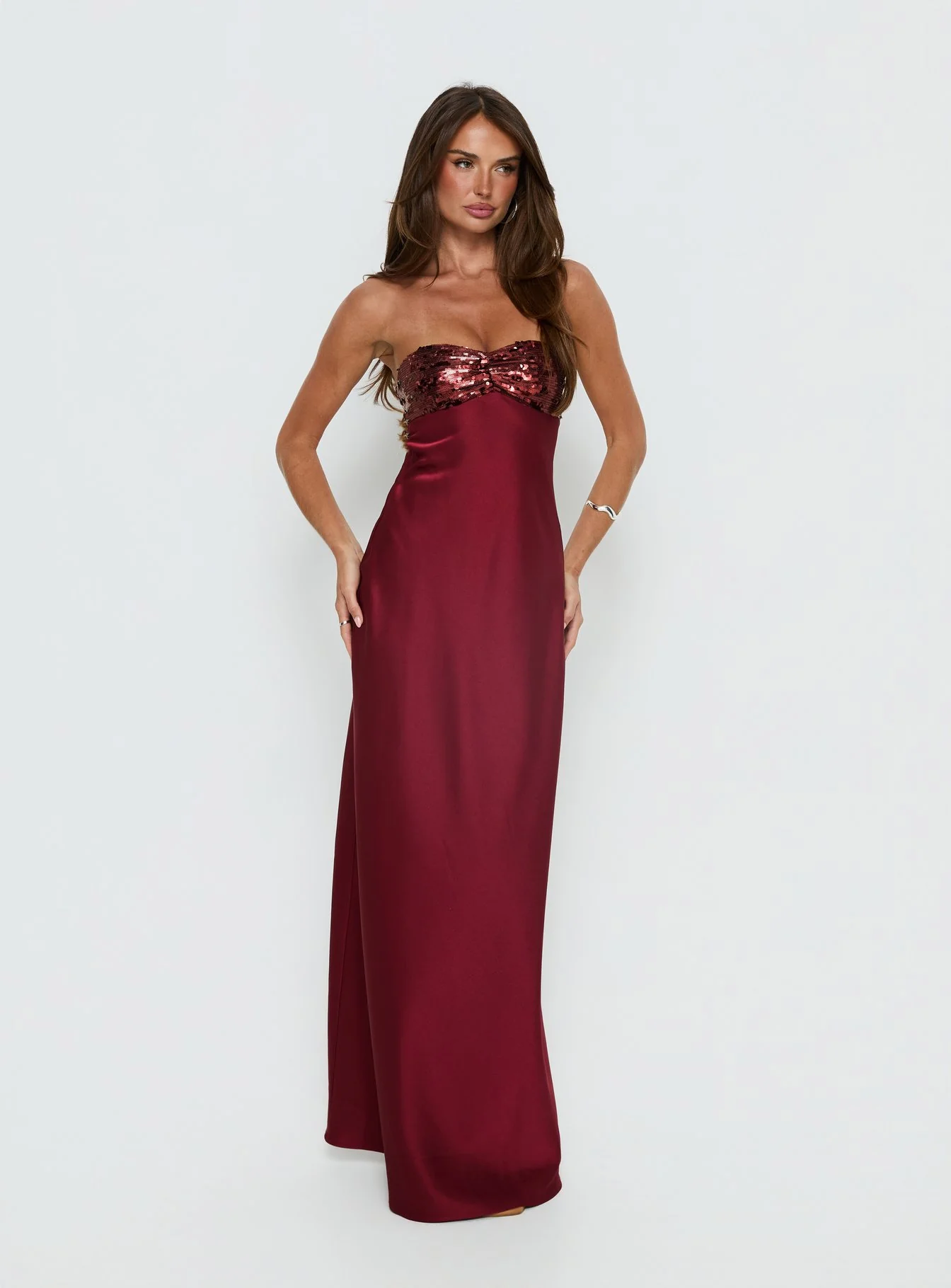 See The Vision Sequin Bust Strapless Maxi Dress Burgundy